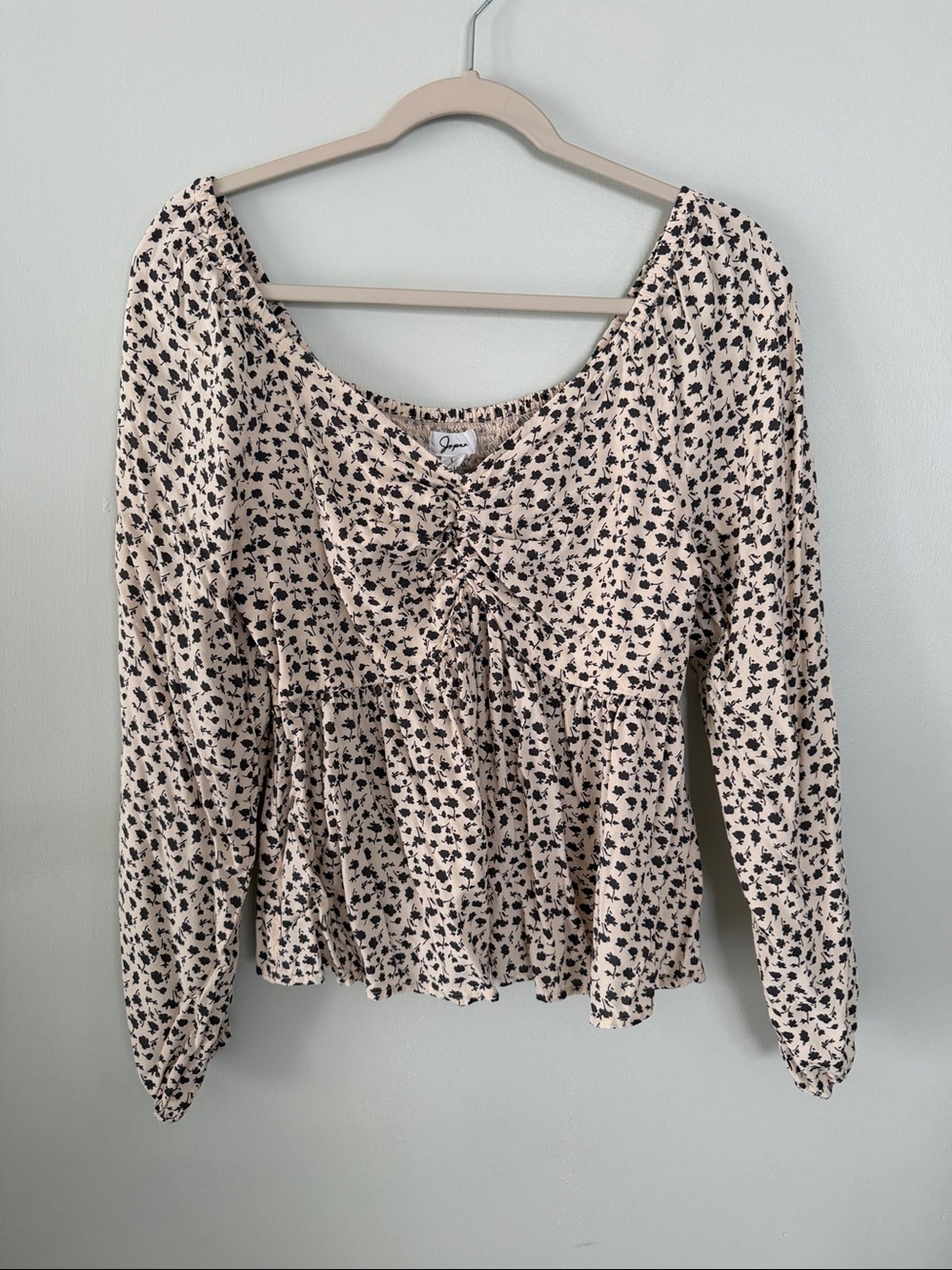 Japna Cream Blouse with Black Floral Print and Drawstring Front